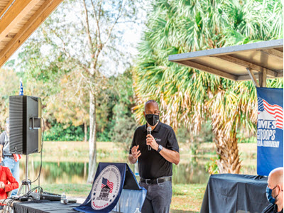 Chris Askew, Chief Operating Officer for Cinch Home Services, speaking at the Cinch Home Services and Homes For Our Troops Kick-off in Jupiter, Florida