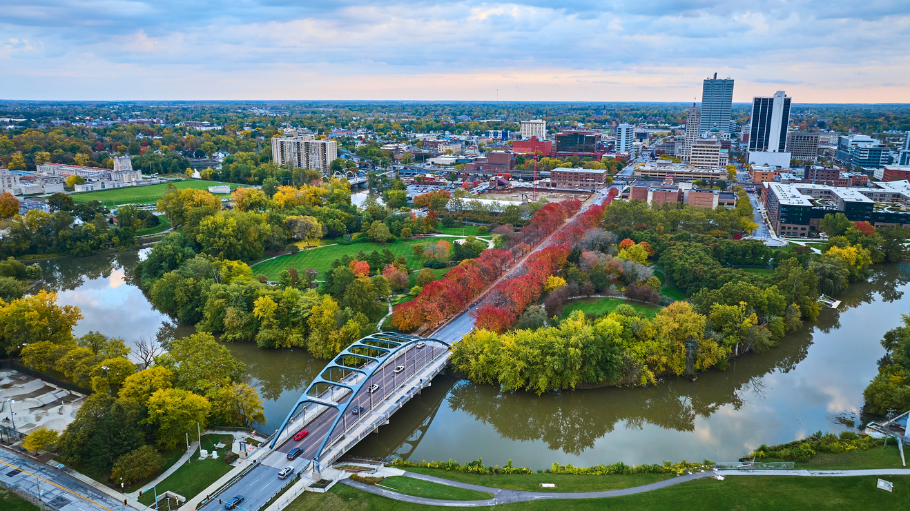 Aerial Autumn Cityscape with River Bridge and Skyline, Fort Wayne